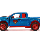 2017 Ford F-150 Raptor Pickup Truck Blue Metallic and Red with Red Interior and Superman Diecast Figure 