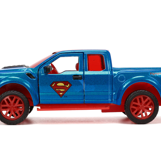 2017 Ford F-150 Raptor Pickup Truck Blue Metallic and Red with Red Interior and Superman Diecast Figure "DC's Superman" "Hollywood Rides" Series 1/32 Diecast Model Car by Jada