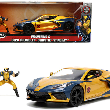 2020 Chevrolet Corvette C8 Stingray Gold Metallic and Dark Blue and Wolverine Diecast Figurine "X-Men" "Marvel" Series "Hollywood Rides" 1/24 Diecast Model Car by Jada