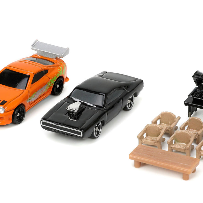 Toretto House Diorama with Dodge Charger Black and Toyota Supra Orange with Graphics "Fast and Furious" "Nano Scene" Series Models by Jada