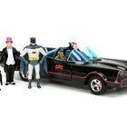 1966 Classic Batmobile with Diecast Batman The Joker The Penguin and Plastic Robin Sitting Inside The Car 