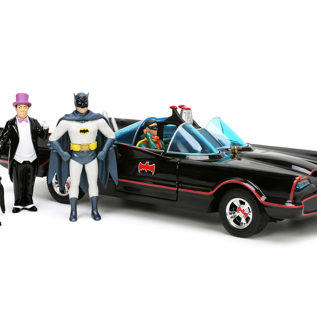 1966 Classic Batmobile with Diecast Batman The Joker The Penguin and Plastic Robin Sitting Inside The Car "Batman" TV Series (1966) "Hollywood Rides" Series 1/24 Diecast Model Car by Jada