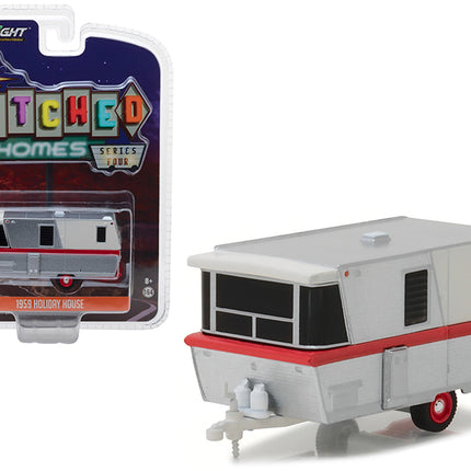 1959 Holiday House Travel Trailer Silver with Red Stripe Hitched Homes Series 4 1/64 Diecast Model by Greenlight