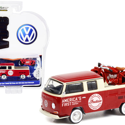 1968 Volkswagen Type 2 Double Cab Pickup Truck Red and Cream "America's First Motorcycle Company" and 1920 Indian Scout Motorcycle Red "Club Vee V-Dub" Series 13 1/64 Diecast Model Car by Greenlight