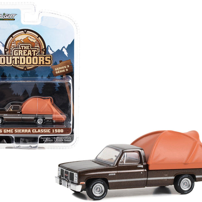 1986 GMC Sierra Classic 1500 Pickup Truck Dark Brown Metallic with Modern Truck Bed Tent "The Great Outdoors" Series 3 1/64 Diecast Model Car by Greenlight