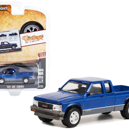 1991 GMC Sonoma Pickup Truck Blue Metallic and Gray "It's Not Just A Truck Anymore" "Vintage Ad Cars" Series 8 1/64 Diecast Model Car by Greenlight