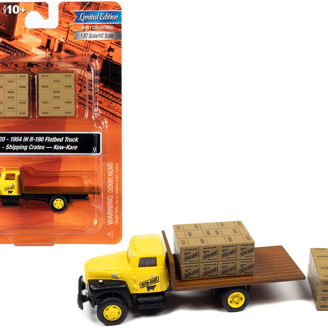 1954 IH R-190 Flatbed Truck Yellow and Two Shipping Crate Loads "Kow-Kare" 1/87 (HO) Scale Model by Classic Metal Works