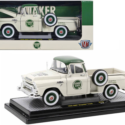 1958 GMC Stepside Pickup Truck Light Beige with Green Top "Quaker State" Limited Edition to 6650 pieces Worldwide 1/24 Diecast Model Car by M2 Machines