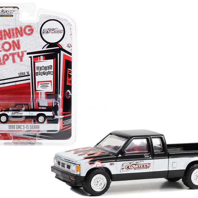 1990 GMC S-15 Sierra Pickup Truck Black and White with Flames "Flowtech Exhaust" "Running on Empty" Series 16 1/64 Diecast Model Car by Greenlight