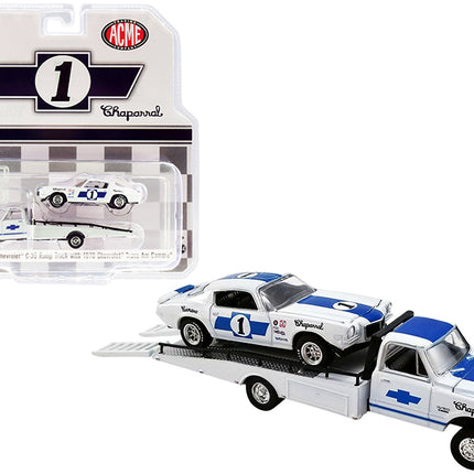 1967 Chevrolet C-30 Ramp Truck with 1970 Chevrolet Trans Am Camaro #1 White with Blue Stripes "Chaparral" "Acme Exclusive" 1/64 Diecast Model Cars by Greenlight for ACME