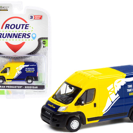 2019 Ram ProMaster 2500 Cargo High Roof Van Yellow and Blue "Goodyear" 'Tire Installation That Comes To You' "Route Runners" Series 3 1/64 Diecast Model by Greenlight