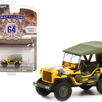 1943 Willys MB Jeep Yellow and Black with Green Top "Follow Me" U.S. Army "Battalion 64" Release 1 1/64 Diecast Model Car by Greenlight