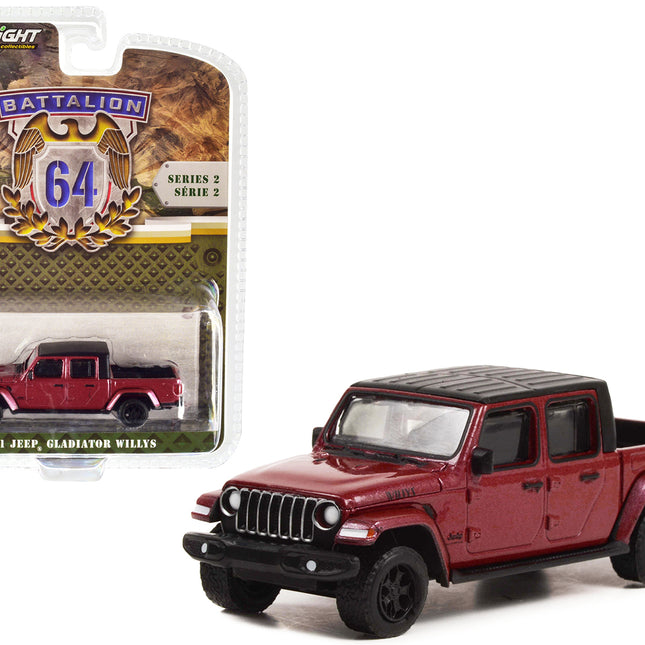 2021 Jeep Gladiator Willys Pickup Truck Snazzberry Red Metallic with Black Top "Battalion 64" Release 2 1/64 Diecast Model Car by Greenlight