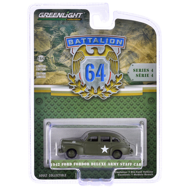 1942 Ford Fordor Deluxe "Army Staff Car" Matt Olive Green "Battalion 64" Series 4 1/64 Diecast Model Car by Greenlight