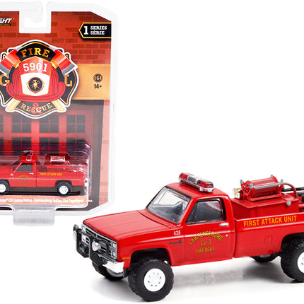 1986 Chevrolet C20 Custom Deluxe Pickup Truck Red First Attack Unit Fire Equipment and Hose and Tank "Lawrenceburg Fire Department" (Indiana) "Fire & Rescue" Series 1 1/64 Diecast Model Car by Greenlight