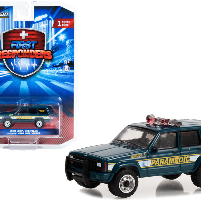 1998 Jeep Cherokee Blue "Greenport Rescue Squad Paramedic Greenport New York" "First Responders" Series 1 1/64 Diecast Model Car by Greenlight