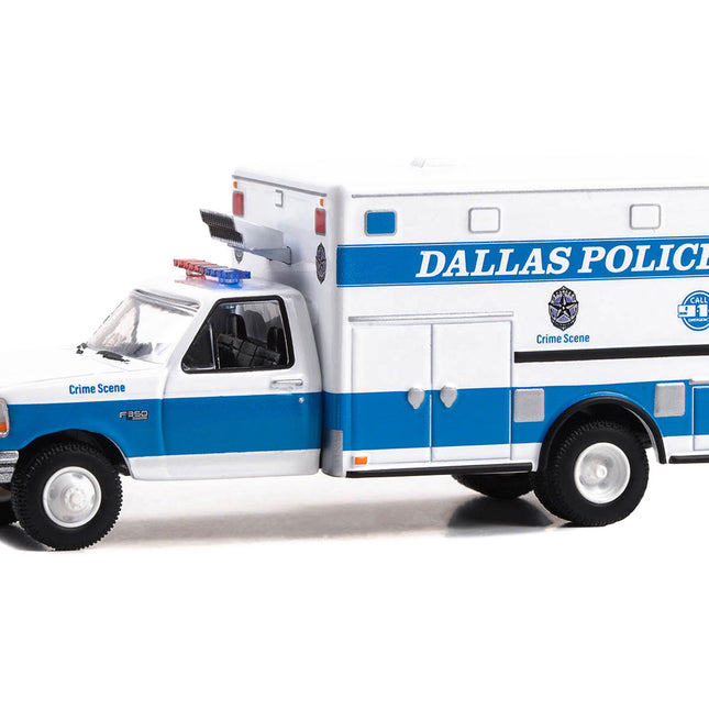 1992 Ford F-350 Ambulance "Dallas Police Crime Scene, Dallas Texas" White and Blue "First Responders - Hobby Exclusive" Series 1/64 Diecast Model Car by Greenlight