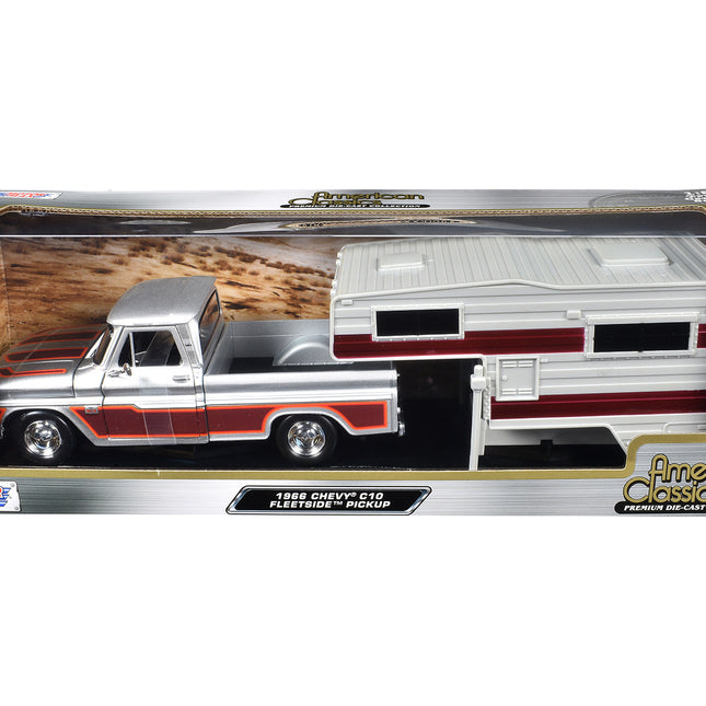 1966 Chevrolet C10 Fleetside Pickup Truck Silver Metallic with Brown Sides with Camper Shell "American Classics" Series 1/24 Diecast Model Car by Motormax