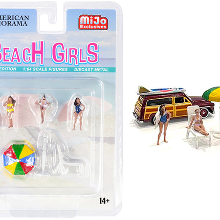 "Beach Girls" 5 piece Diecast Set (3 Figurines 1 Beach Chaise and 1 Beach Umbrella) for 1/64 Scale Models by American Diorama