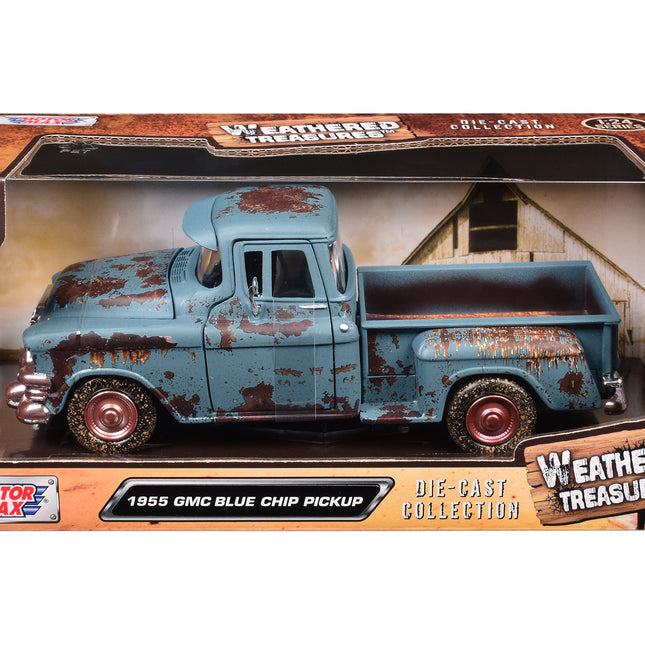 1955 GMC Blue Chip Pickup Truck Matt Blue (Rusted) "Weathered Treasures" Series 1/24 Diecast Model Car by Motormax