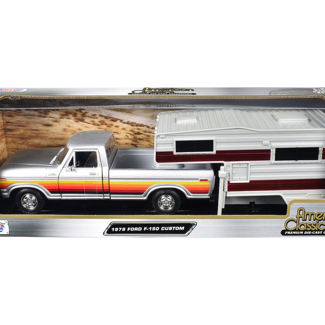 1979 Ford F-150 Custom Pickup Truck Silver Metallic with Side Stripes with Camper Shell "American Classics" Series 1/24 Diecast Model Car by Motormax