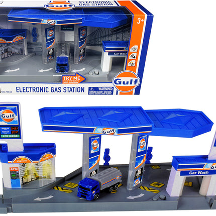 "Gulf" Electronic Gas Station Diorama with Light and Sound and Tanker Truck 1/64 Model by Motormax