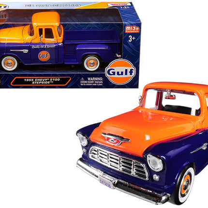 1955 Chevrolet 5100 Stepside Pickup Truck "Gulf" Dark Blue and Orange 1/24 Diecast Model Car by Motormax