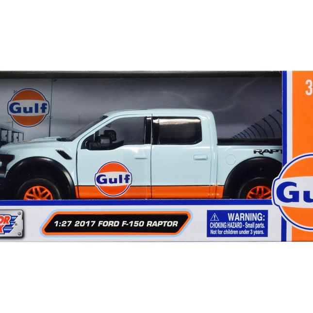 2017 Ford F-150 Raptor Pickup Truck Light Blue with Orange Stripes "Gulf Oil" "Gulf Die-Cast Collection" 1/27 Diecast Model Car by Motormax