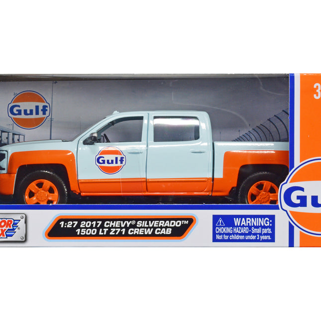 2017 Chevrolet Silverado 1500 LT Z71 Crew Cab Pickup Truck Light Blue with Orange Stripes "Gulf Oil" "Gulf Die-Cast Collection" 1/27 Diecast Model Car by Motormax