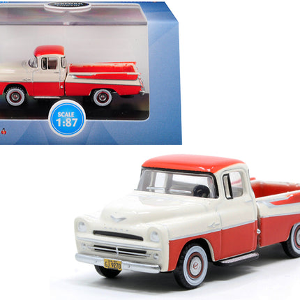 1957 Dodge D100 Sweptside Pickup Truck Tropical Coral and Glacier White 1/87 (HO) Scale Diecast Model Car by Oxford Diecast