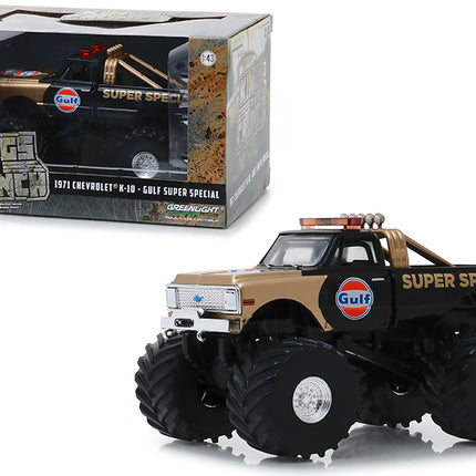 1971 Chevrolet K-10 Monster Truck "Gulf Super Special" Black and Gold with 66-Inch Tires "Kings of Crunch" 1/43 Diecast Model Car by Greenlight