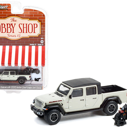 2020 Jeep Gladiator Rubicon Pickup Truck Beige with Black Top and 2020 Indian Scout Bobber Icon Series Motorcycle Red "The Hobby Shop" Series 12 1/64 Diecast Model Car by Greenlight