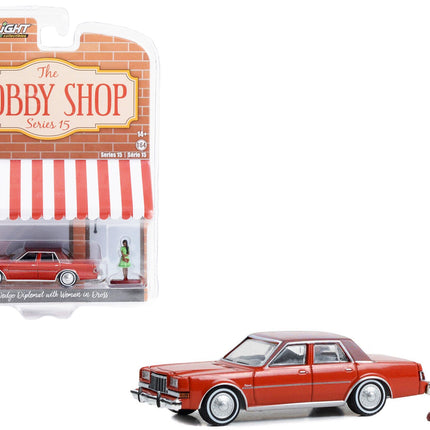 1983 Dodge Diplomat Red with Brown Top and Woman in Dress Figure "The Hobby Shop" Series 15 1/64 Diecast Model Car by Greenlight