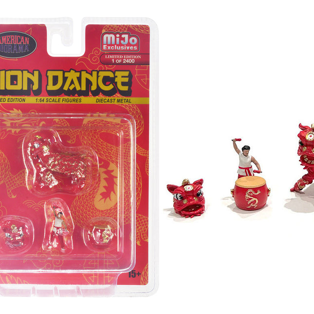 "Lion Dance" 4 piece Diecast Figure Set (1 Figures 1 Lion 2 Accessories) Limited Edition to 2400 pieces Worldwide for 1/64 Scale Models by American Diorama