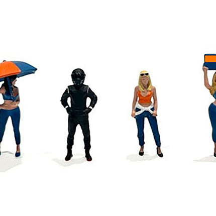 "Grid Girls" 5 piece Diecast Figure Set (4 People Figures 1 Umbrella) Limited Edition to 3600 pieces Worldwide for 1/64 Scale Models by American Diorama