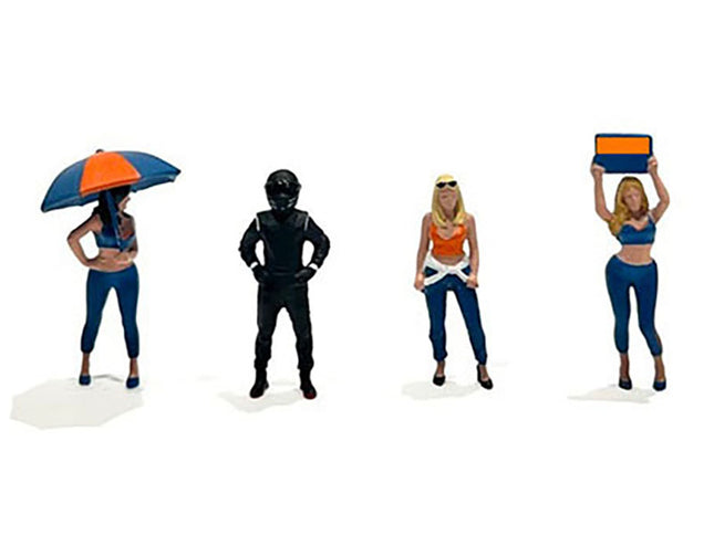 "Grid Girls" 5 piece Diecast Figure Set (4 People Figures 1 Umbrella) Limited Edition to 3600 pieces Worldwide for 1/64 Scale Models by American Diorama