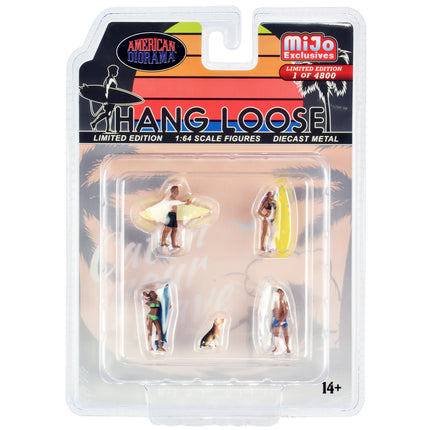 "Hang Loose" 5 piece Diecast Set (4 Surfer Figures and 1 Dog) Limited Edition to 4800 pieces Worldwide for 1/64 Scale Models by American Diorama