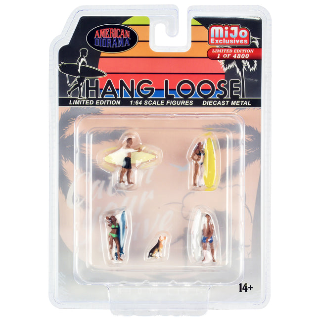 "Hang Loose" 5 piece Diecast Set (4 Surfer Figures and 1 Dog) Limited Edition to 4800 pieces Worldwide for 1/64 Scale Models by American Diorama