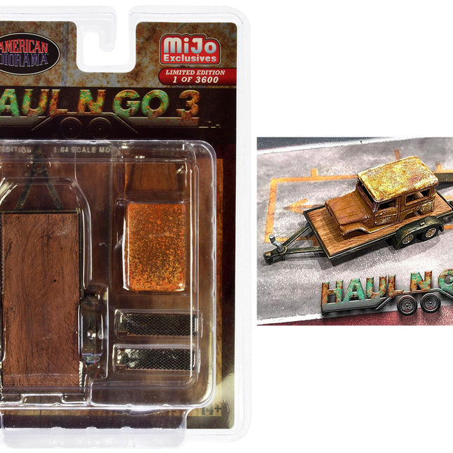 "Haul N Go 3" 4 piece Diecast Model Set (1 Flatbed Trailer 1 Abandoned Car 2 Ramps) Limited Edition to 3600 pieces Worldwide for 1/64 scale models by American Diorama