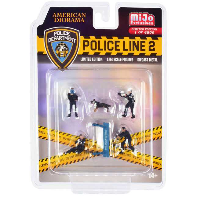 "Police Line 2" 6 piece Diecast Set (4 Police Figures 1 Dog Figure and 1 Accessory) Limited Edition to 4800 pieces Worldwide for 1/64 Scale Models by American Diorama