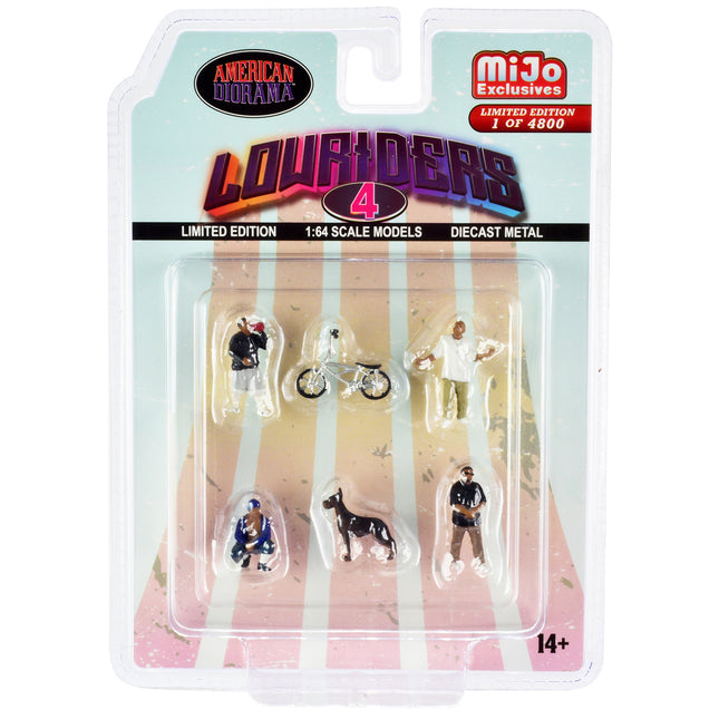 "Lowriders 4" 6 piece Diecast Set (4 Men 1 Dog 1 Bicycle Figures and Accessories) Limited Edition to 4800 pieces Worldwide 1/64 Scale Models by American Diorama