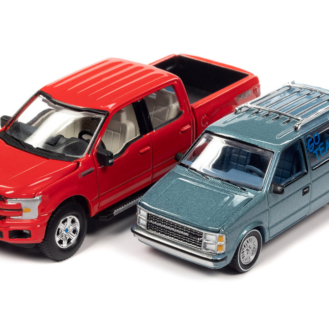 2018 Ford F-150 Pickup Truck Red and 1984 Dodge Caravan Minivan Blue Metallic "World's Best Mom and Dad" Set of 2 Pieces 1/64 Diecast Model Cars by Auto World