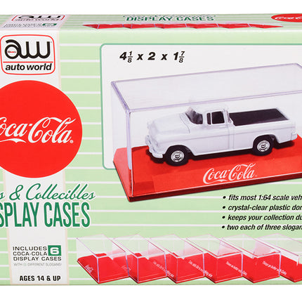 6 Collectible Acrylic Display Show Cases with Red Plastic Bases with 3 Different Slogans "Coca-Cola" for 1/64 Scale Model Cars by Auto World