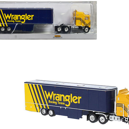 1980 Kenworth K-100 COE Aerodyne Transporter Yellow and Blue "Wrangler Racing Team" 1/87 (HO) Scale Model Car by Brekina