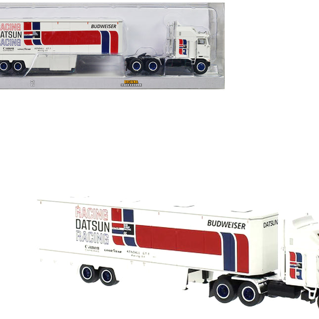 1980 Kenworth K-100 COE Aerodyne Transporter White "Datsun Racing" 1/87 (HO) Scale Model Car by Brekina