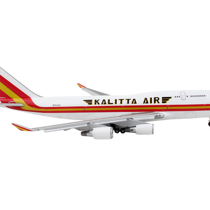 Boeing 747-400F Commercial Aircraft with Flaps Down "Kalitta Air" White with Stripes "Mask" Livery 1/400 Diecast Model Airplane by GeminiJets