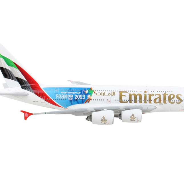 Airbus A380-800 Commercial Aircraft "Emirates Airlines - 2023 Rugby World Cup Sponsor" White with Striped Tail 1/400 Diecast Model Airplane by GeminiJets