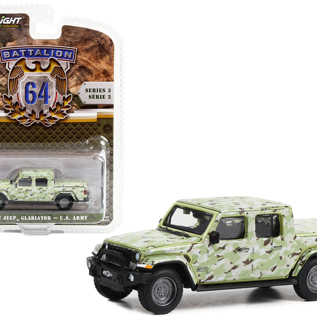 2022 Jeep Gladiator Pickup Truck "U.S. Army" Military-Spec Camouflage "Battalion 64" Series 3 1/64 Diecast Model Car by Greenlight