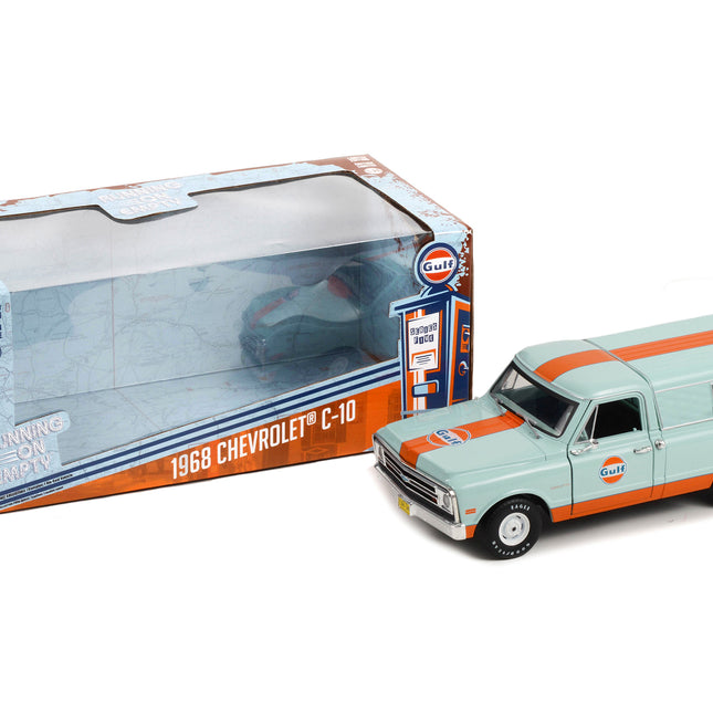 1968 Chevrolet C-10 Pickup Truck Light Blue with Orange Stripes with Camper Shell "Gulf Oil" "Running on Empty" Series 5 1/24 Diecast Model Car by Greenlight