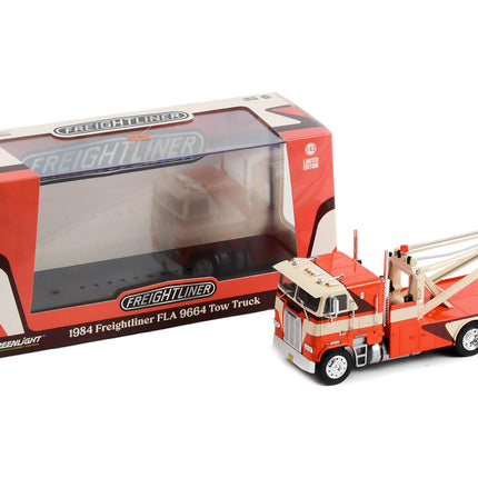 1984 Freightliner FLA 9664 Tow Truck Orange and White with Brown Graphics 1/43 Diecast Model Car by Greenlight